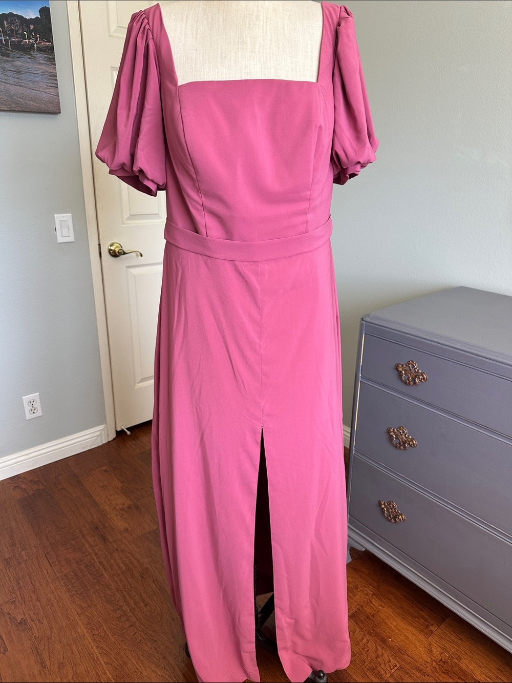 Women's Pink Square-Neck Puff Sleeve Maxi Dress